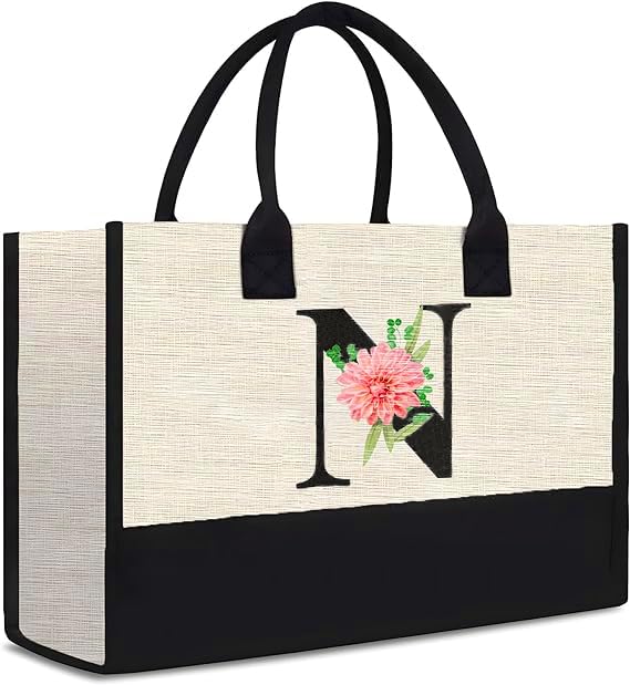 Initial Canvas Grocery Bag, Personalized Present Gift Tote Bag for Wedding Birthday Holiday Reusable Grocery Bag Initial Letters for Women Teachers, Friends, Bridesmaids