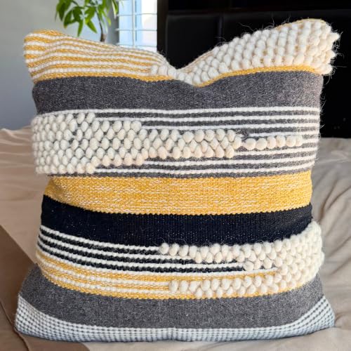 Throw Boho Pillow Cover, 20x20 Bohemian Moroccan Rustic Decorative Pillows with Tufted Accents, Plush Handwoven Cotton, Textured Woven Neutral Farmhouse Scandinavian Home Decor 1 Piece