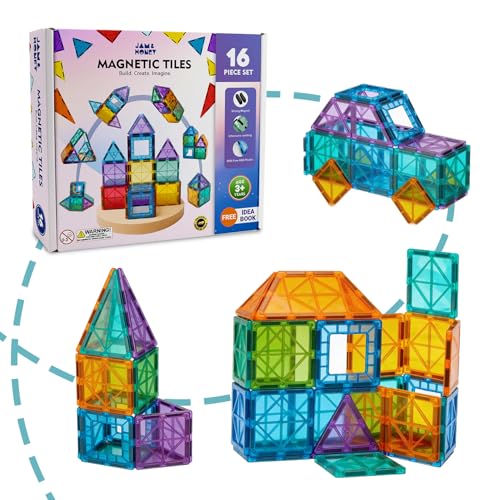 Image of Amazon Brand - Jam & Honey Magnetic Tiles Building Blocks for Kids 3+ Years - 16 pcs | STEM Learning Educational Toy | Creative & Constructive Play | Brain Development Toy | Transparent Starter Set | Multicolour
