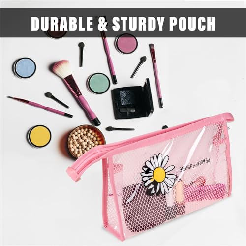 Image of Kuber Industries Toiletry Pouch | Cosmetic Makeup Pouch | Vanity Pouch for Woman | Makeup Accessories Pouch | Transparent Net Pouch | Sunflower-Cosmetic Pouch | Pink