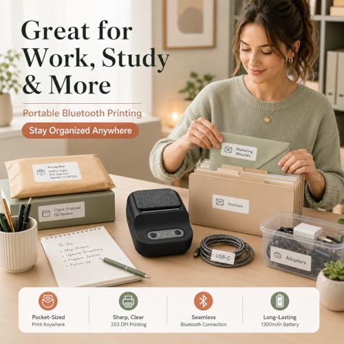 Image of Label Printer, Desktop Portable Printer, inkless Thermal Compact Printer, Connects to Smartphones and Computers, can Apply Quick-Adhesive Labels, Suitable for Homes, Offices, Factories. (Black)