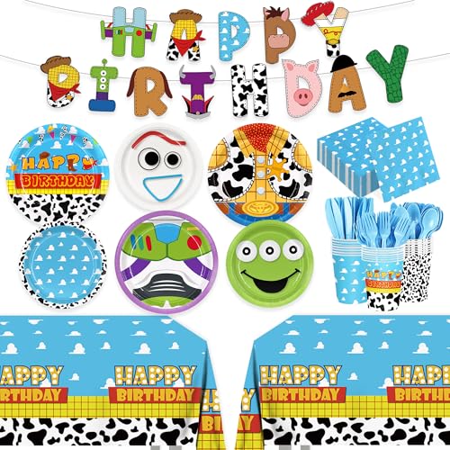 171pcs Toy Birthday Party Supplies Include Paper Plates Napkins Cups Banner Tablecloths for Toy Birthday Party Decorations Disposable Tableware Set for Kids Serve 24 Guests