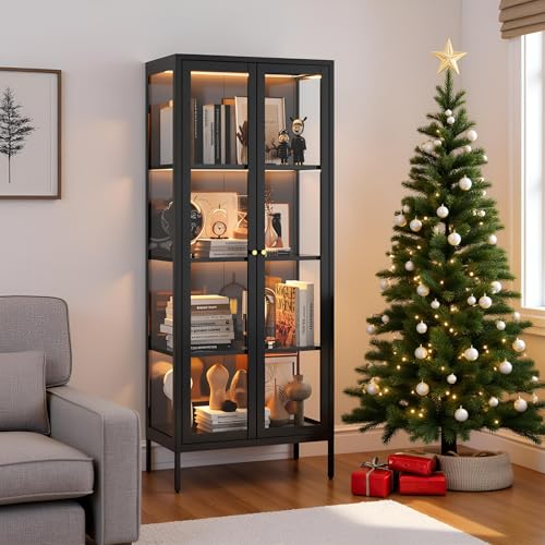 UNICOLY Display Cabinet with Glass Doors, Glass Display Cabinet with 3 Color LED Lights, Curio Display Cabinet with 3 Shelves for Living Room, Plant, Display Shelf, Assembly Required, Black