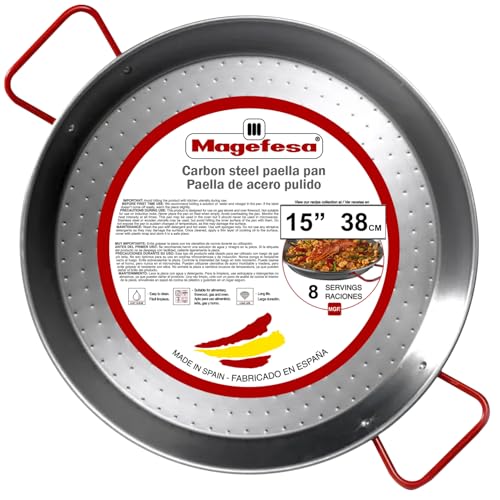 Magefesa 15' Carbon Steel Paella Pan &ndash; 38 cm - 8 Servings, Durable & Lightweight with Dimpled...