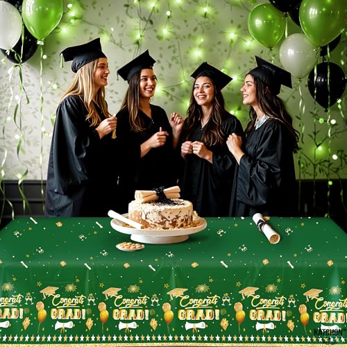 Image of KatchOn Graduation Decorations 2026, Green, Gold Graduation Tablecloth - XtraLarge 54x108 Inch, Pack of 3 | Green Table Cloths | Graduations Table Decorations 2026, Grad Party Supplies