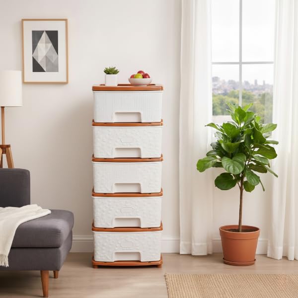 Image of Plastic Modular Drawer Storage Chest Of Drawers Organizer Storage Box, Large Stomo Racks For Multipurpose Anti-slip Shoes Organizers (White & Golden, 5 Layer)
