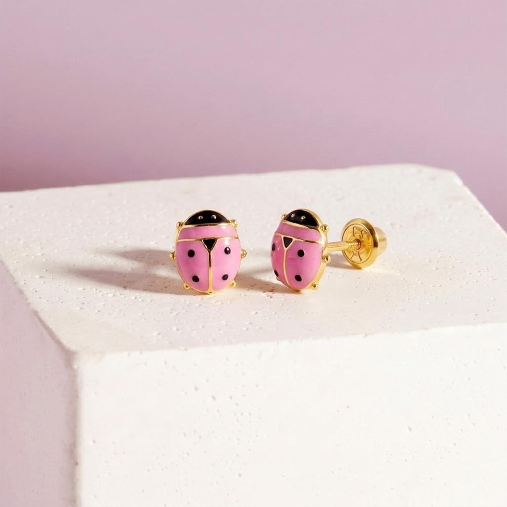 In Season Jewelry 14k Gold Colorful Enamel Ladybug Stud Kids Earrings - Screw Back Earrings for Girls with Safety Lock Design - Safe & Comfortable for Toddlers, Kids & Little Girls