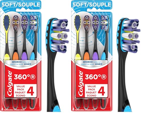 Image of Colgate 360 Advanced Floss Tip Soft Bristle Toothbrush, 17x Thinner Bristles for Deep Reach Between Teeth, Ergonomic Handle with Soft Bristles and Tongue Cleaner, 8 Pack