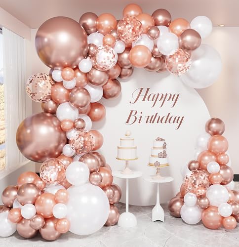 Rose Gold Balloon Garland Arch Kit 134 Pcs Mothers Day Balloon Arch Kit Multi-Size Metallic Rose Gold White Confetti Balloons for Mothers Day Decor Bridal Shower Wedding Retirement Baby Shower