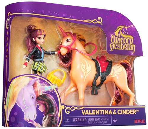 Unicorn Academy Valentina und Einhorn Cinder Set - ca. 12 cm große Originalfiguren zur beliebten Netflix Serie mit zwei Accessoires und Haarbürste für kreatives Rollenspiel, für Kinder ab 4 Jahren