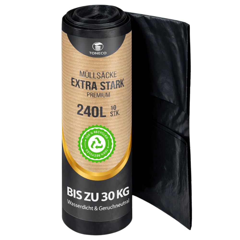 Müllsäcke 240L EXTRA STARK - 70µm – 100 Säcke – 100% Recycelt – 100x125 cm – 10 bis 400 Säcke wählbar – Müllbeutel 240L - ULTRA STARK - Rollengewicht 1,4 kg – Schwerlast XXL Mülltüten (100)