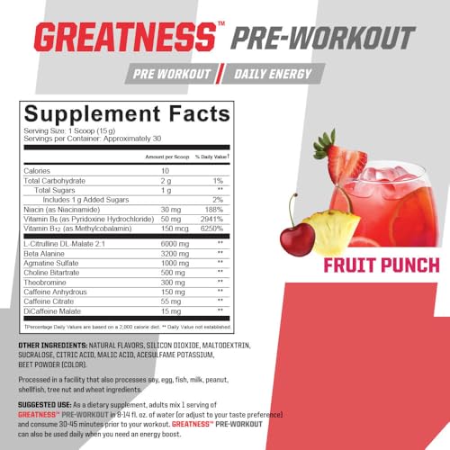Image of Undefined Nutrition Greatness Pre-Workout by Brian Shaw - Fruit Punch (30 Servings) - 6 g Citrulline Malate & 3.2 g Beta Alanine for Better Pumps, Energy, Focus and Strength for Men & Women