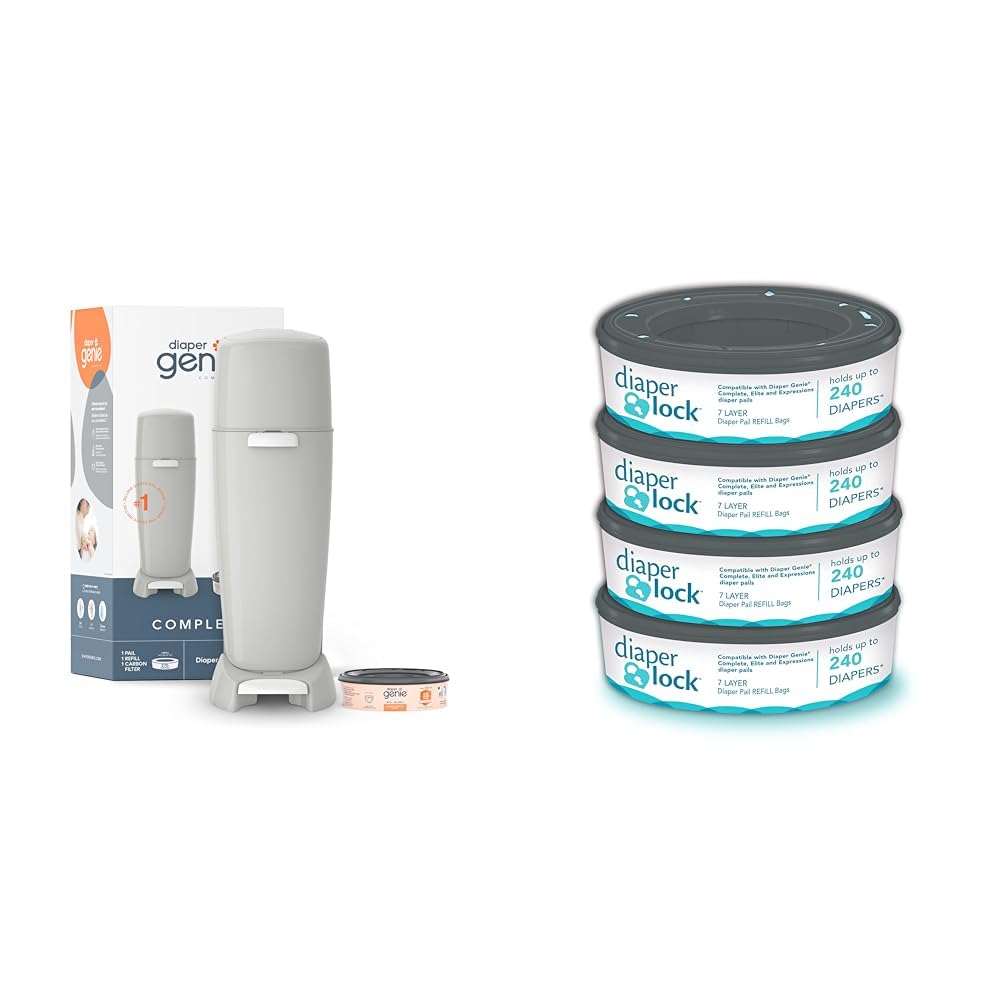 Bundle of Diaper Genie Complete Pail, Grey + Diaper Lock Refills (4-Pack)