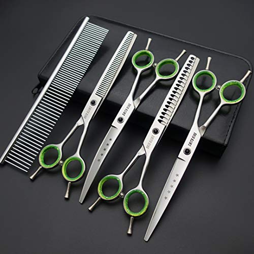 7,0 Zoll Professional Dog Grooming Scissors Set Gerade & Ausdünnen & Gebogen & Chunker & Kamm 5 Stück in 1 Set für Linkshänder & Rechtshänder Silberfarbe