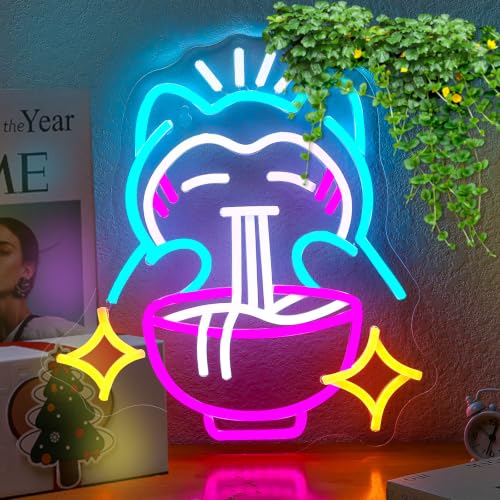 Ramen Neon Sign Cute Bear Noodles Neon Sign for Wall Decor LED Dimmable Japanese Wall Decor Neon Light USB Poweredfor Gaming Rooms Restaurants Bars & Kids Bedrooms Creative Gift with Safe Indoor(13.7inx12.5in) (blue)