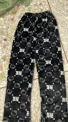 Image of BIUGNVW Anime Pajamas Pants Women Cartoon Family Christmas Pajama Pants Kawaii Flannel Pajama Pants Black and Pink