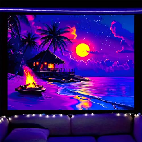 Image of Nuxovilar Tropical Beach UV Reactive Tapestry, 78.74 inchx59.05 inch Polyester | Tropical decor, beach art, blacklight tapestry, neon backdrop for bedroom, dorm, lounge (Beach hut print)