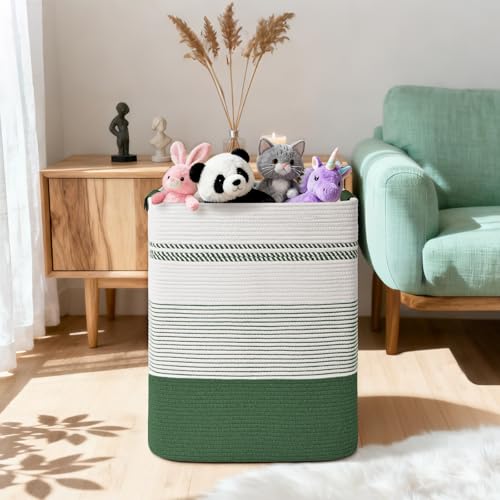 Image of Laundry Hamper, 85L Tall Laundry Basket with Leather Handles, Rectangle Large Clothes Hamper for Organizing, Cotton Woven Laundry Baskets Storage Hampers for Bedroom, Nursery, Living Room