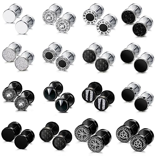 FUNRUN JEWELRY 16Pairs Stainless Steel Tunnel Fake Gauge Stud Earrings for Men Women Round Plug Earrings 18G