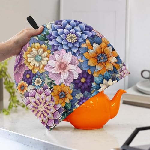 Image of Teapot Cosy Thick Wadding Tea Pot Cover Keep Warm Insulation Teapot Cozies Machine Washable Kettle Cover Breakfast Warmer Home Table Decor, Boho Flower Purple Yellow