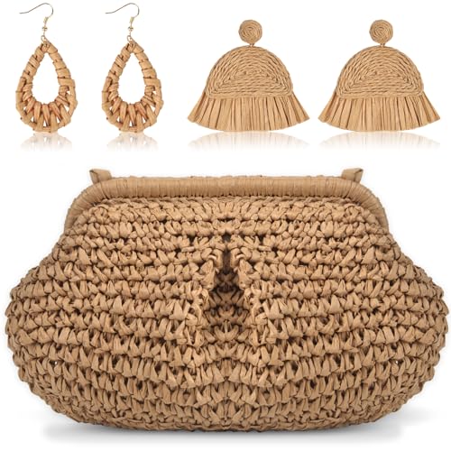 Straw Dumpling Purse Set for Women - Cloud Woven Clutch with 2 Pairs Earring, Summer Beach Vacation Crossbody Bag with Strap
