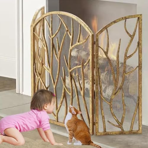 Decorative Arched 3-Panel Fireplace Screen, Heavy-Duty Iron Spark Guard, Foldable Metal Mesh Fire Guard for Living Room & Home Decor (Black)