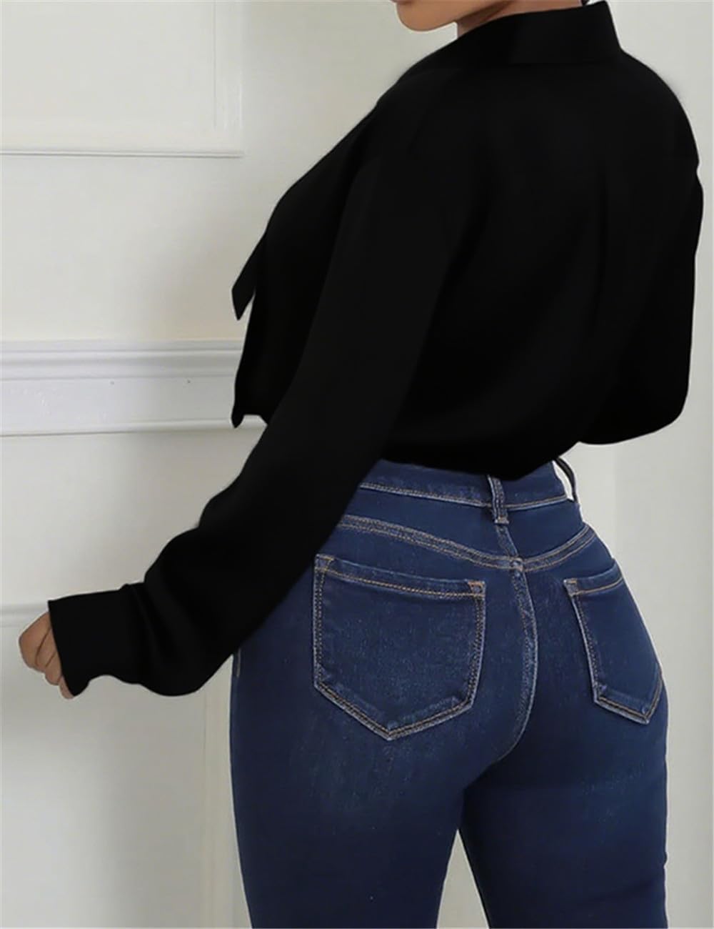 Women's Cropped Button Down Shirts Casual Crop Tops Solid Lapel Blouse - Image 2