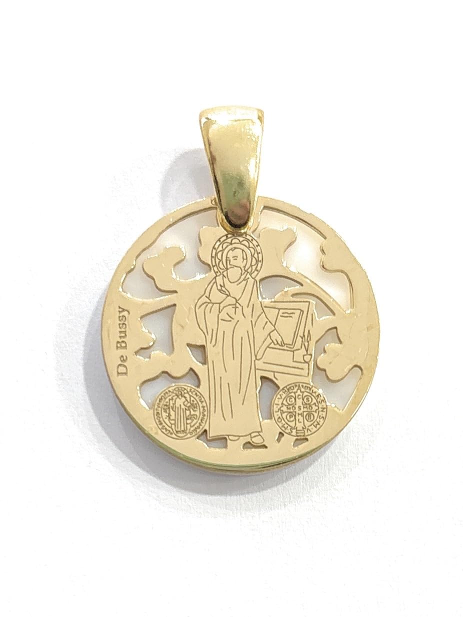 Medalla San Benito plata 20mm nácar CH para bautizo y comunión 2