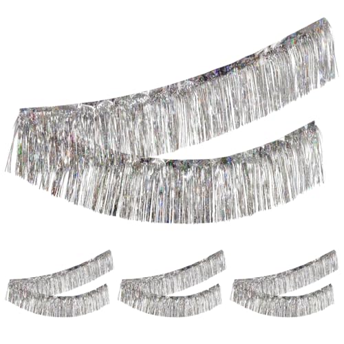 Lot de 4 Guirlandes de Franges Métalliques Brillantes, 20x200 cm Guirlande Métallique de Frange Brillante Argent pour Mariage, Anniversaire, Fête, Remise de Diplôme, Argentées