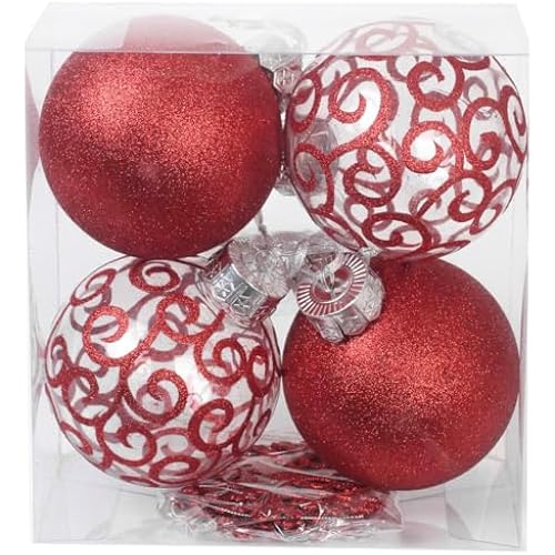 Red Christmas Ball Ornaments for Tree Decor, Shimmer & Swirl, Large