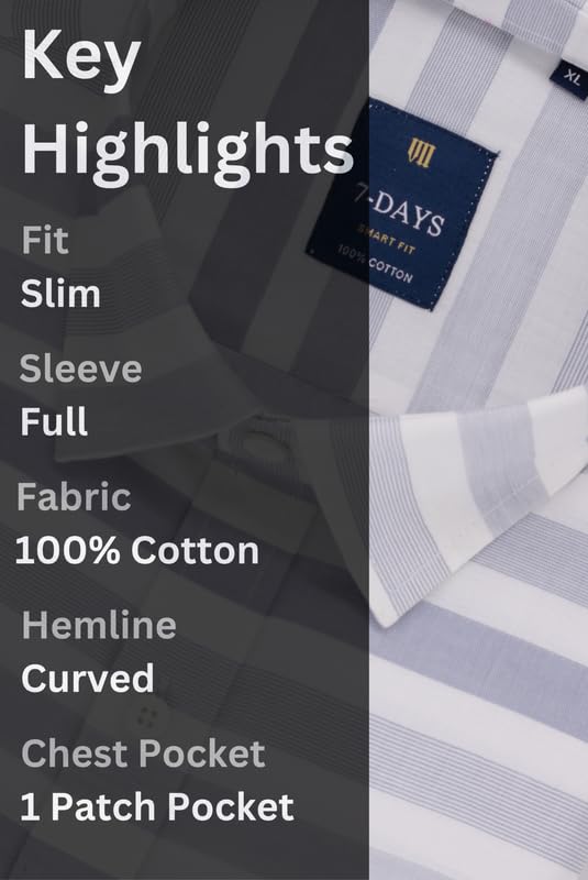 Image of 7-DAYS Men's Premium Striped Shirt - 100% Cotton, Tailored Fit (Between Slim & Regular), Full Sleeve, with Pocket - Smart Office & Casual Look