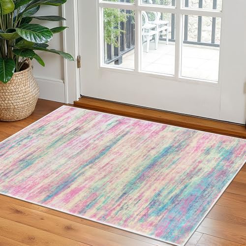 KOZYFLY Modern Abstract Small Area Rugs 2x3, Washable Indoor Front Door Mat Non-Slip Soft Small Bathroom Rug, Entryway Rugs Abstract Print Faux Wool Doormat Kitchen Mats, Multi Pink