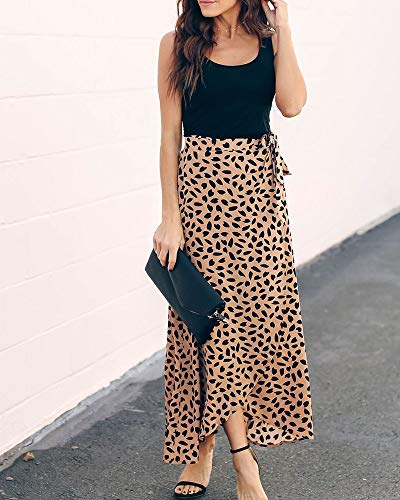 Imysty Womens Leopard Print Long Skirts Drawstring High Waisted Bohemian Maxi Skirt (X-Large, Y-Coffee) - Thumbnail 3