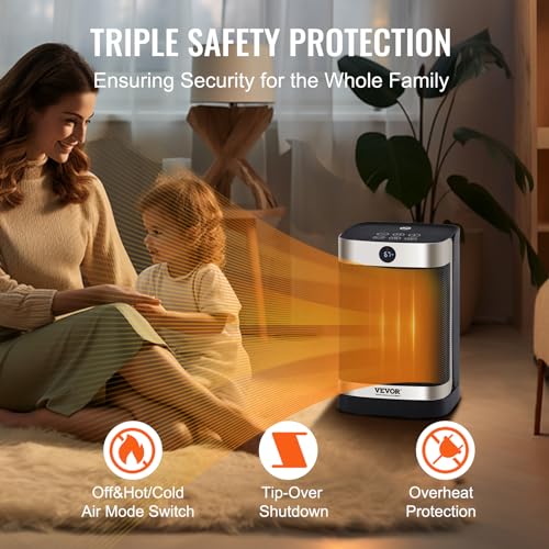 Image of VEVOR Electric Space Heater with Thermostat Fast Quiet Ceramic Heater, Remote Control, 12h Timer, 10in Tip-Over Overheat Protection Small Heaters for Office Room Desk Indoor Use