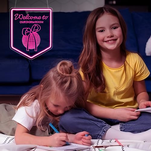 Image of Neon Sign Welcome To Our Dorm Room, JGHTURIE Bow Neon Signs for Wall Decor Art Carving Design Pink Light up Preppy Girls Room Decor for Club Party Event Decoration USB Powered