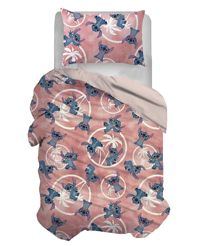 Stitch - Juego de Funda nórdica Individual de algodón, Rosa, Funda de 155 x 200 cm, Funda de Almohada de 50 x 80 cm, diseño de Disney, 100% algodón, Producto Oficial