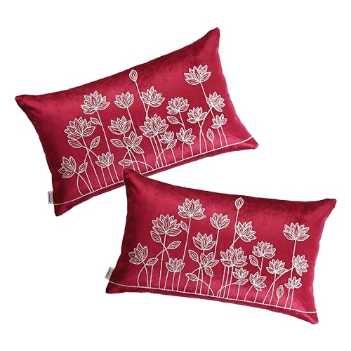 Image of Home- The Best is for You Rectangular 12x18 Inch Burgundy Velvet Embroidered Cushion Covers Pack of 2
