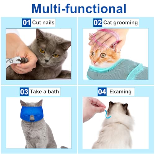 Image of 10 Pcs Cat Bathing Bag Set Pet Mesh Shower Bag Anti Bite and Scratch Pet Grooming for Washing Brush, Cat Muzzle, Nail Clipper, Nail File, Tick Tool (Blue and Gray)