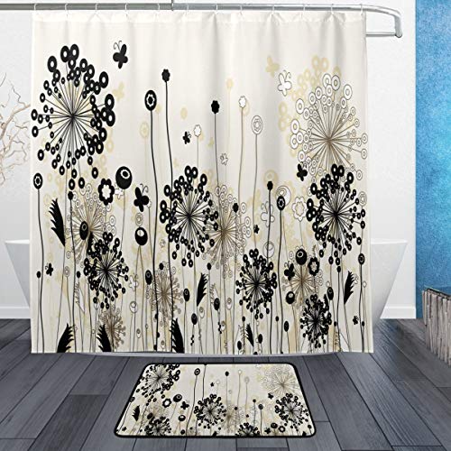 Wamika Duschvorhangmatten-Set, Pusteblume Aquarell, Blumenkunst, Schmetterlings-Tierpflanzen-Design,...