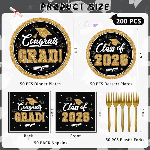 Image of QZYL 200Pcs Graduation Party Supplies 2026, Black and Gold Graduation Plates and Napkins, Disposable Grad Dessert Plates and Plastic Forks, Graduation Party Tableware for 50 Guests