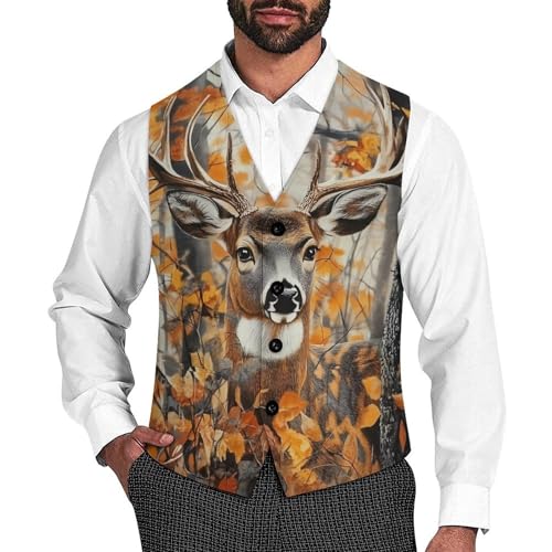Camouflage Forests Deer Men's Suit Vests Dress Vest V-Neck Waistcoat Slim Business Formal with Pocket