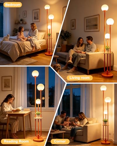 Image of Lightdot 63IN Orange Floor Lamp with Shelf Mid Century Modern Tall Standing Lamps with 3000K Warm White Bulb Included Dimmable Globe Floor Lamp with 5Lbs Heavy Base for Living Room /Party /Corner Decor