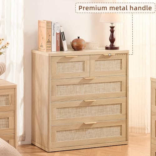 Image of LEYAOYAO Rattan Dresser for Bedroom, 33.5 inch Tall Chest of Drawers, Modern 5 Drawers Boho Dressers with Storage, Light Oak Dresser Wooden Closet Organizer for Living Room, Hallway, Natural Wood