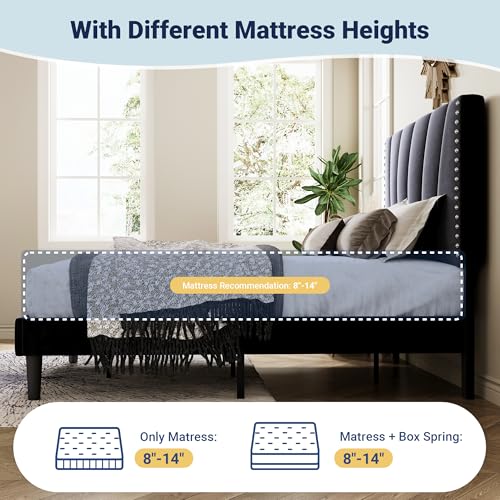 Image of Allewie King Size Velvet Platform Bed Frame with Adjustable Headboard Black | Height-Adjustable Velvet Headboard, Rivet-Style Nailhead Trim, Wooden Slat Support, No Box Spring Needed, Easy Assembly