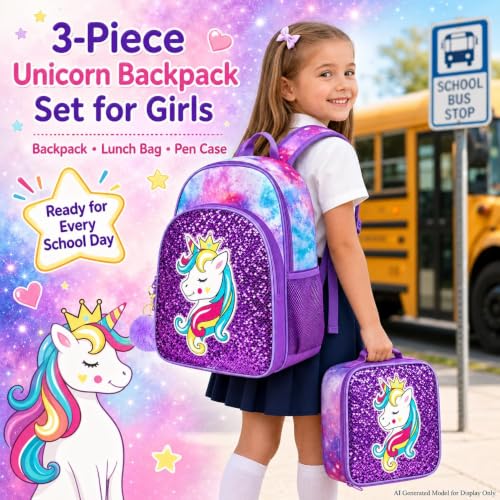 Image of 3PCS Girls Backpack, 16 inch Kids Sequins Unicorn Bookbag with Lunch Box, School Bags for Elementary Preschool Kindergarten - Purple