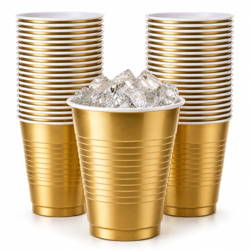 Hanna K. Signature Disposable Plastic Party Cups Heavy-Duty 18 oz Gold Cups 50 Count