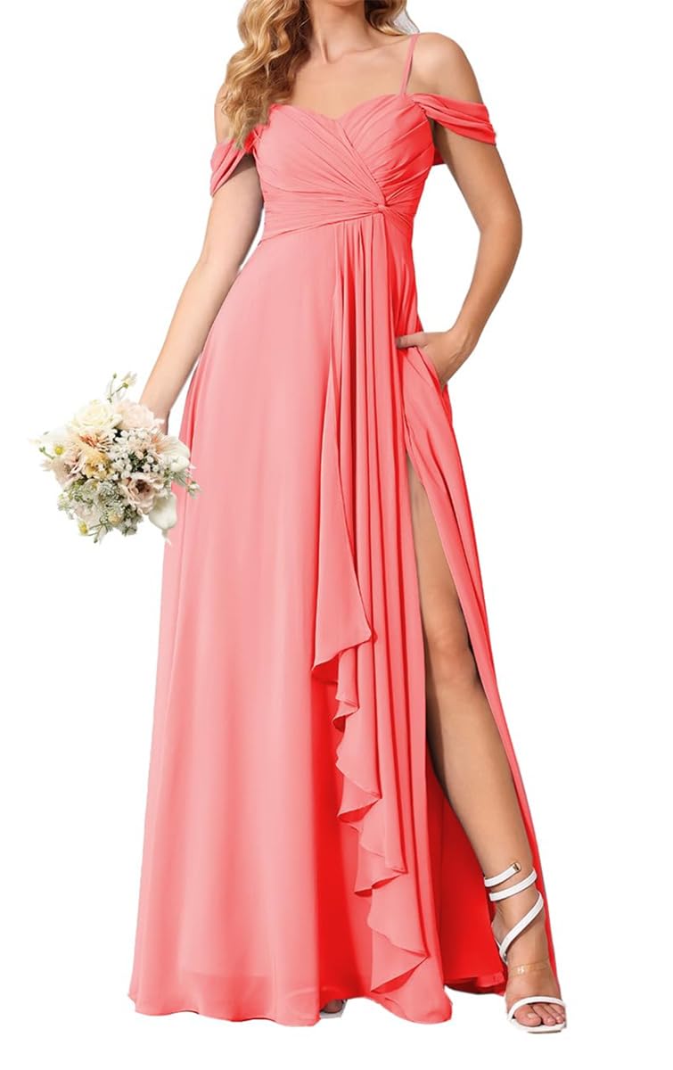 HPPEE Cold Shoulder Bridesmaid Dresses Coral for Women with Pockets Side Slit Ruched Chiffon A Line Formal Dress UK6