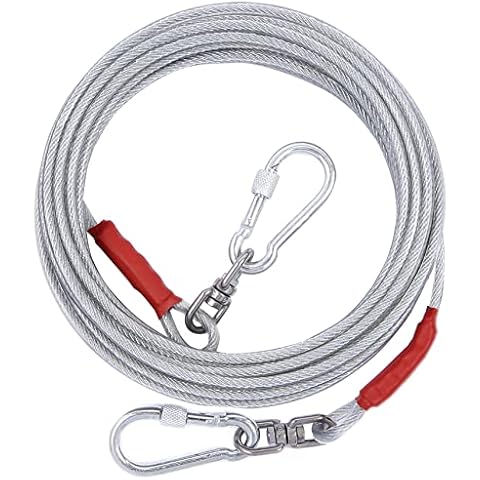 Dog Tie Out Cable for Dogs Outside Up to 125/250lbs,10/20/30/50FT Long Dog Leash&Chains,Small-Large Dogs Runner Cable for Yard,Heavy Duty Dog Lead Line for Outdoor,Camping,Yard(250lbs 50FT, Silver) Cover