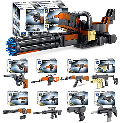 Ulanlan Gun Model Building Kit, Building Blocks Gun Toy Sets, Assembling Blocks Military 8 in 1 Gatling Heavy Machine Gun Best Gift for Kid 6 7 8 Boy