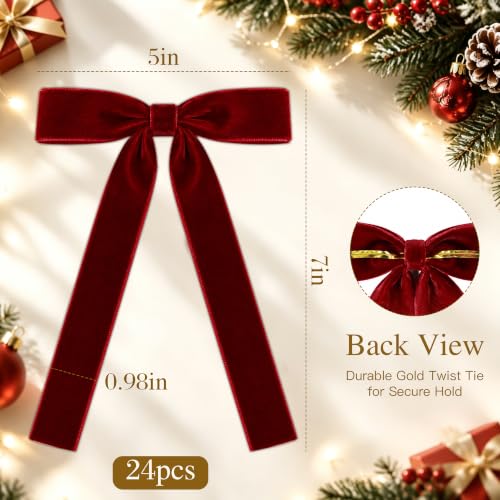 24 Pcs Velvet Bows for Christmas Tree - Burgundy Ribbon Christmas Tree Bows - image 2